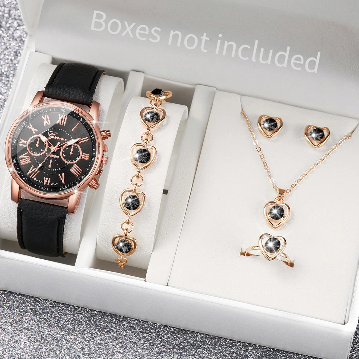 5/6PCS Fashion Women's Quartz Watch Leather Band Analog Wrist Watches Heart Rhinese Jewelry Set(Without Box)
