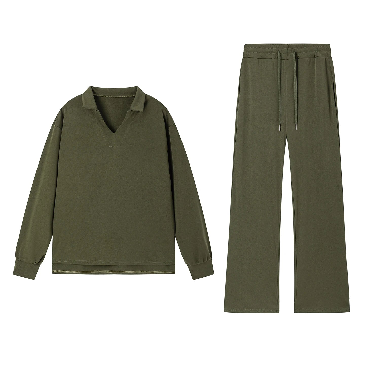 1 European and American Autumn and Winter New Fashion Casual Women's Long Sleeved Drawstring Solid Color Commuting Pants Set