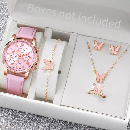 5/6PCS Fashion Women's Quartz Watch Leather Band Analog Wrist Watches Heart Rhinese Jewelry Set(Without Box)