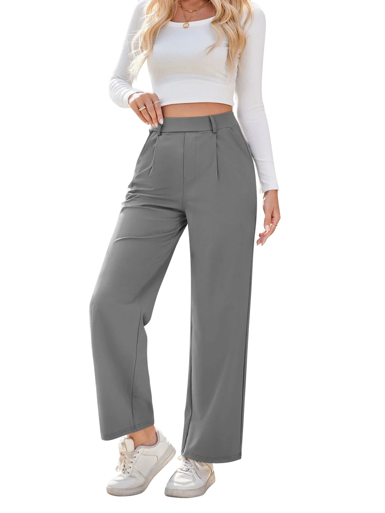 Flex High Waisted Work Pants Plicated Side Pockets Straight Leg