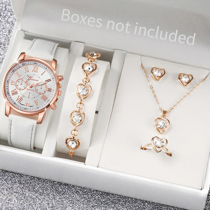 5/6PCS Fashion Women's Quartz Watch Leather Band Analog Wrist Watches Heart Rhinese Jewelry Set(Without Box)