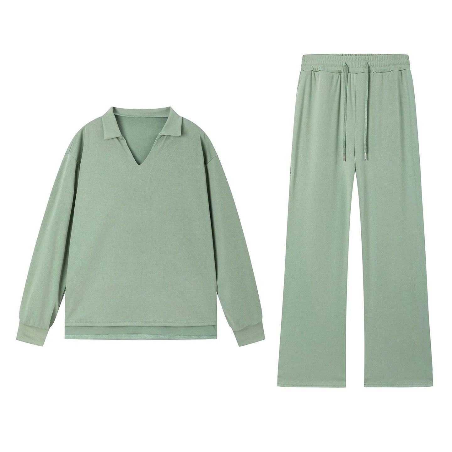 1 European and American Autumn and Winter New Fashion Casual Women's Long Sleeved Drawstring Solid Color Commuting Pants Set