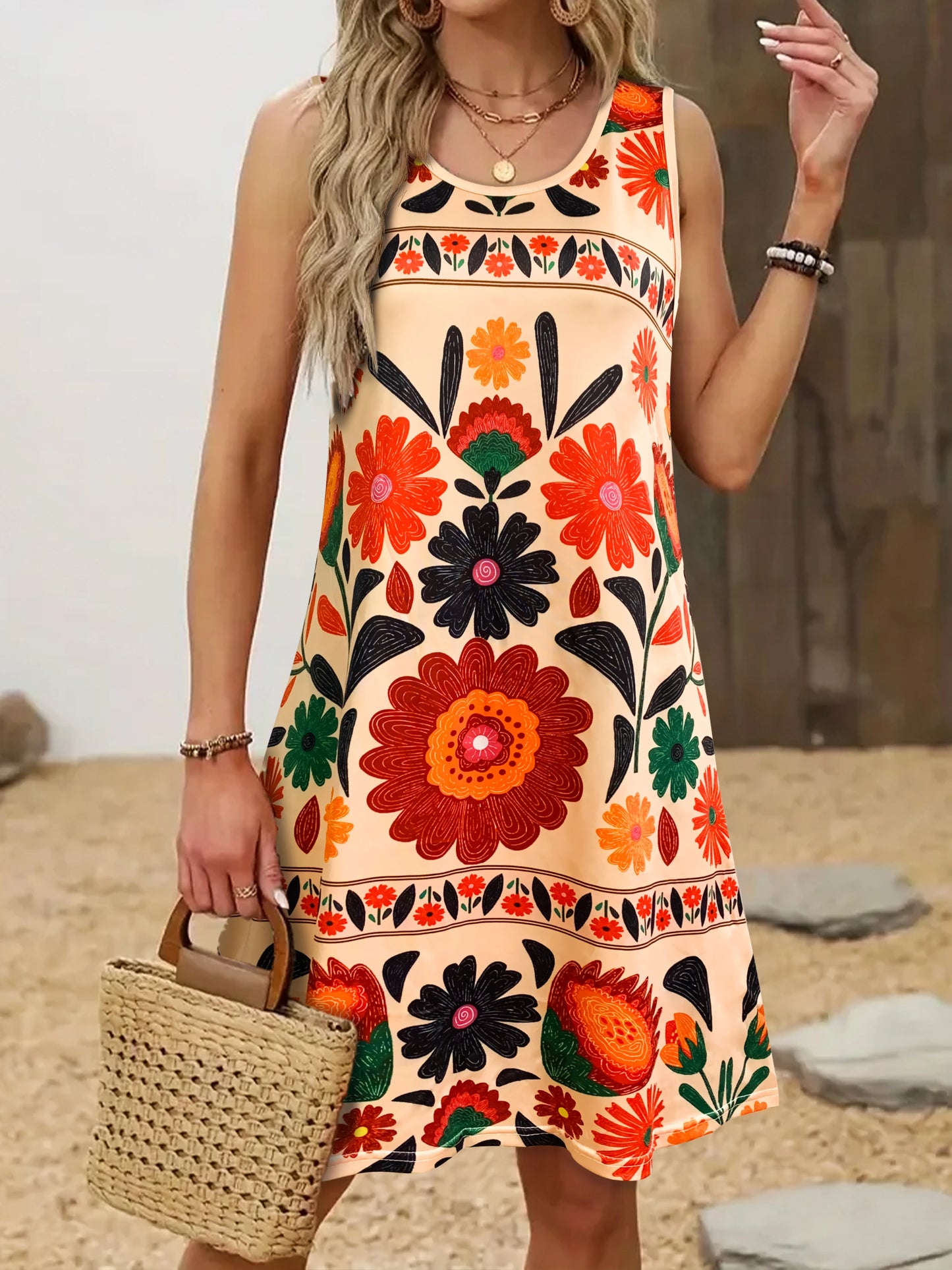 Women’s Sleeveless Boho Floral Dress Colorful Flower Print Mini Dress