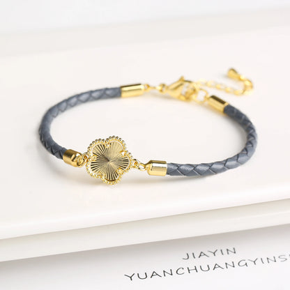 Classic Genuine Leather Woven Natural Stone Five Leaf Flower Charm Bracelet