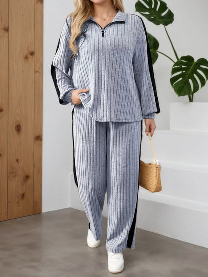 Elegant Casual 2-Piece Suit | Zipper Collar Long-Sleeve Top