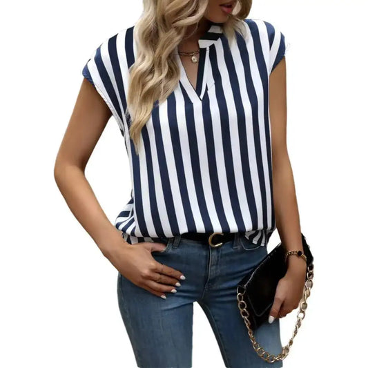 Elegant striped blouse with a flattering V-neck design, perfect for a casual yet stylish look.