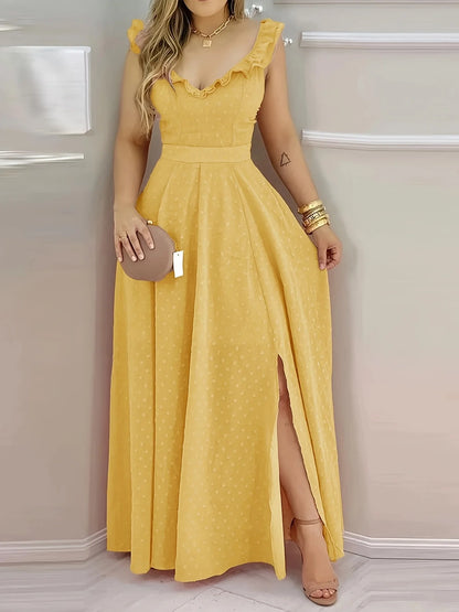 Women's Yellow Polka Dot Maxi Dress Ruffled Neckline Back Tie Side Slit