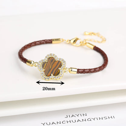 Classic Genuine Leather Woven Natural Stone Five Leaf Flower Charm Bracelet