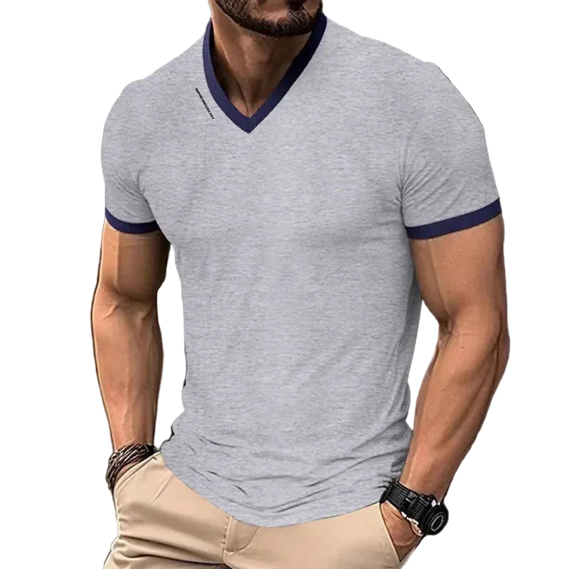 Men's Casual and Fashionable Solid Color V-neck Short Sleeved