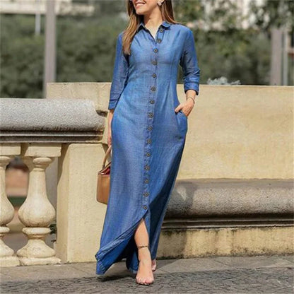 Autumn Elegant Women's Denim Dress Long Sleeve Buttons Shirt Long