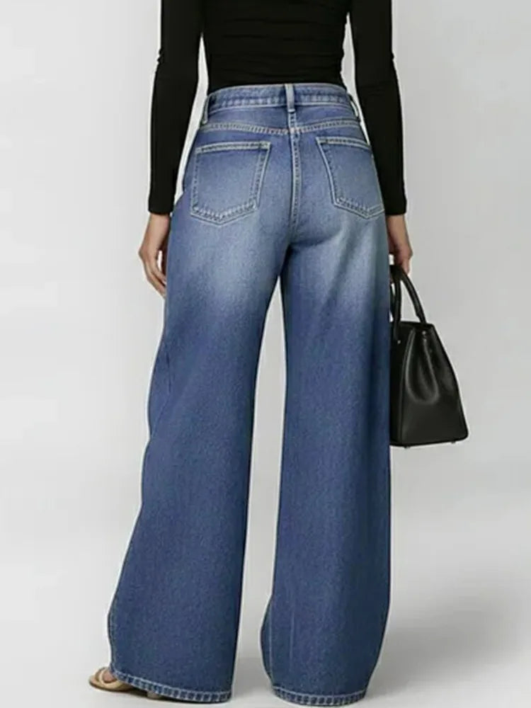 Women's Washed Blue High-Waist Metal Grommet Wide