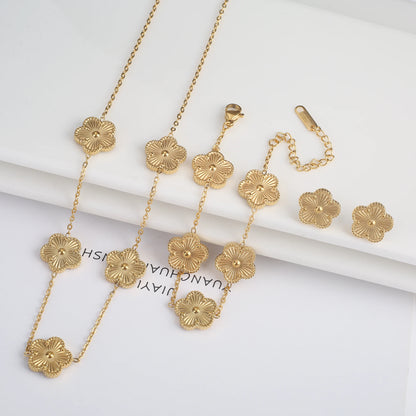 Clover Five Leaf Flower Stainless Steel Bracelet Necklace Earrings Jewelry
