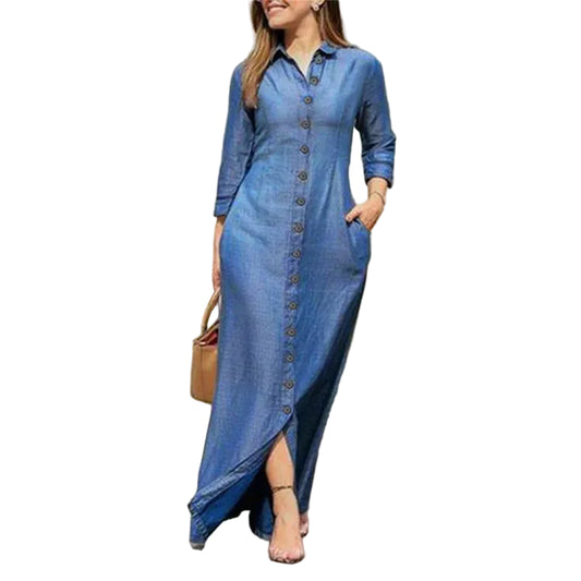 Autumn Elegant Women's Denim Dress Long Sleeve Buttons Shirt Long