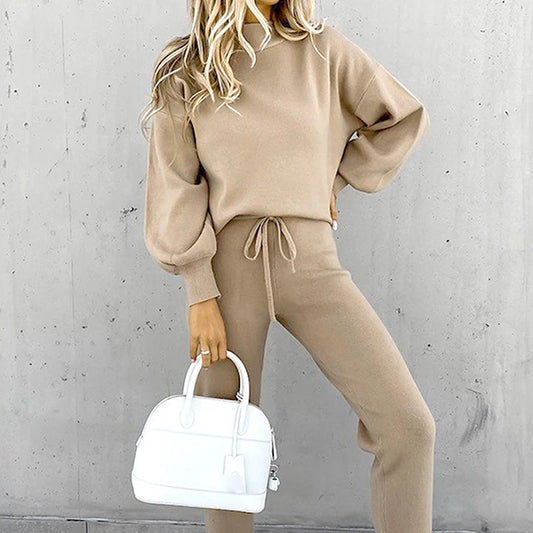 1) 2025 Autumn and Winter Women's Sweater High Collar Casual Pure Color Trousers Two-piece Set