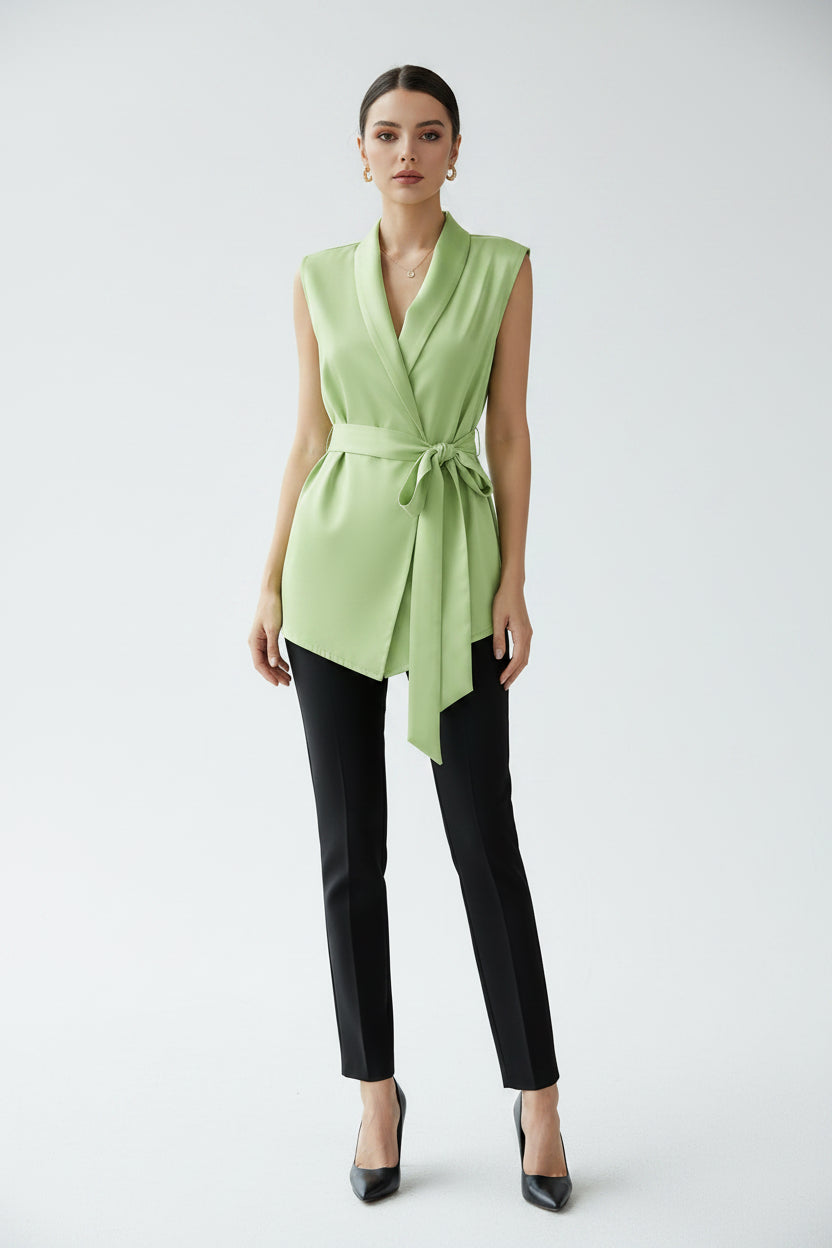 Women Shiny Satin Blouses Elegant Wrapped V