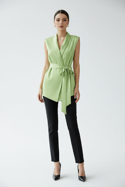 Women Shiny Satin Blouses Elegant Wrapped V