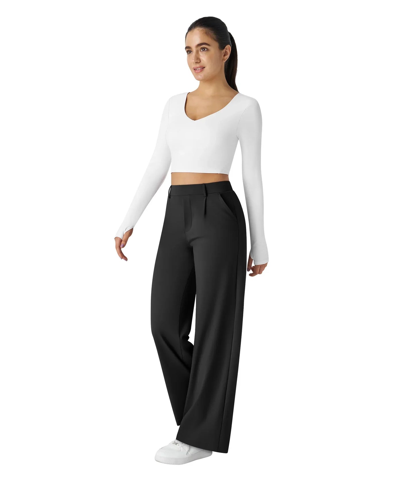 Flex High Waisted Work Pants Plicated Side Pockets Straight Leg