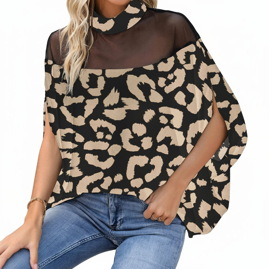 Women's Leopard Print Mesh Mock Neck Blouse