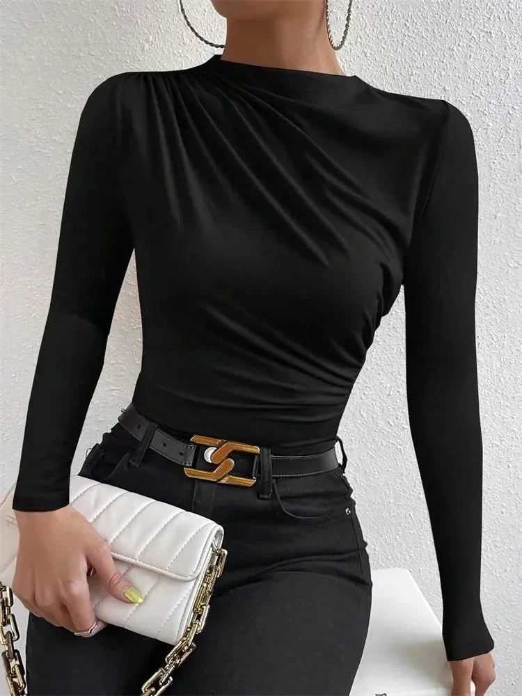 Casual Pleated Mock Neck Long Sleeve T-shirt for Women