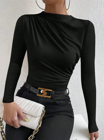 Casual Pleated Mock Neck Long Sleeve T-shirt for Women