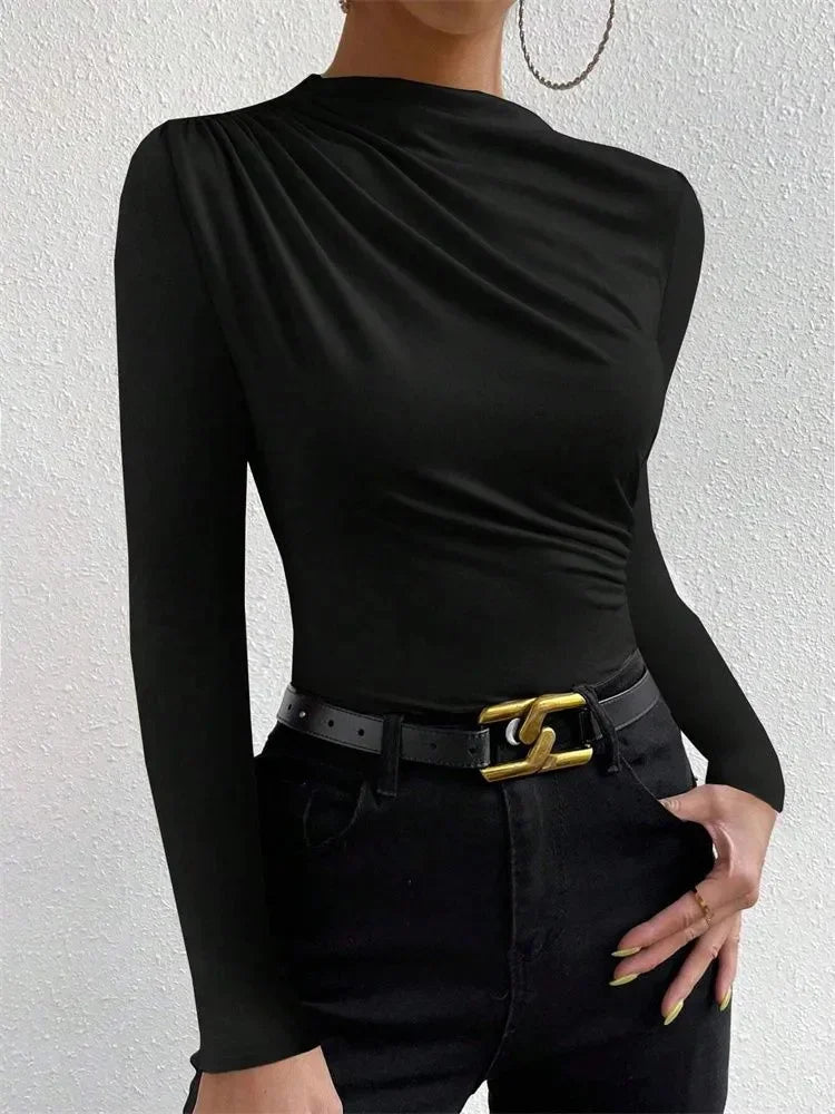 Casual Pleated Mock Neck Long Sleeve T-shirt for Women
