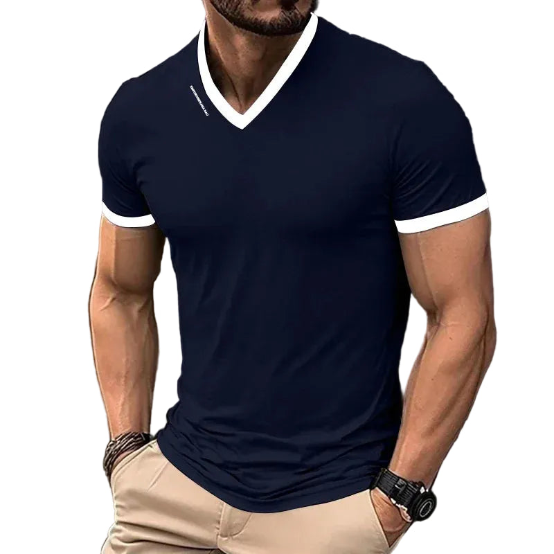 Men's Casual and Fashionable Solid Color V-neck Short Sleeved
