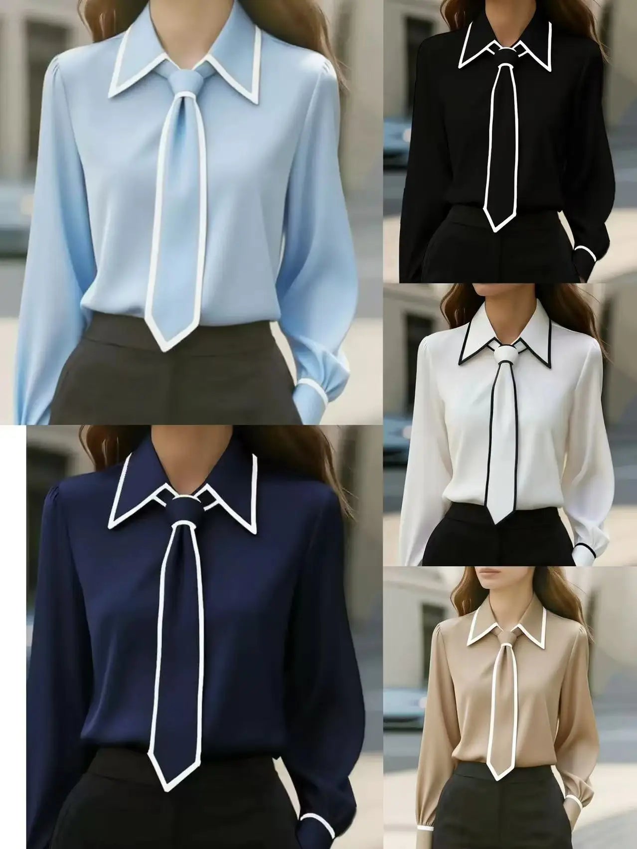 Women's fashion tie lapel design casual long-sleeved shirt