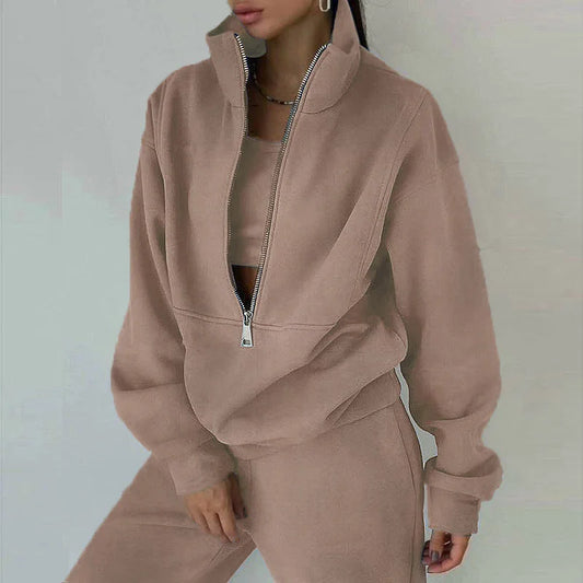 1) Winter Women Casual Matching Two-Piece Set Zip Up Sweaters Solid Colar Sweatpants Outfits Women Two Pieces Matching Suits