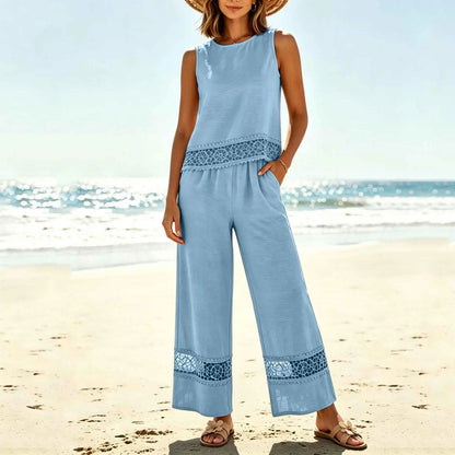 Women's 2 Piece Lace Set - Crop Top & Wide Leg Pants