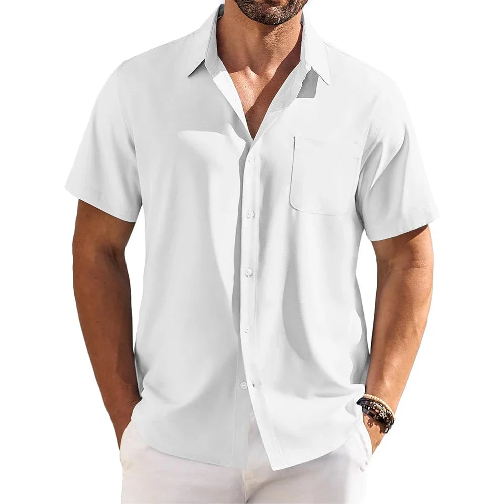 Cotton Linen Breathable Shirt for Men Solid Color Turn Down Collar