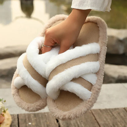 Luxury Faux Fur Cross Strap Slippers Women Winter