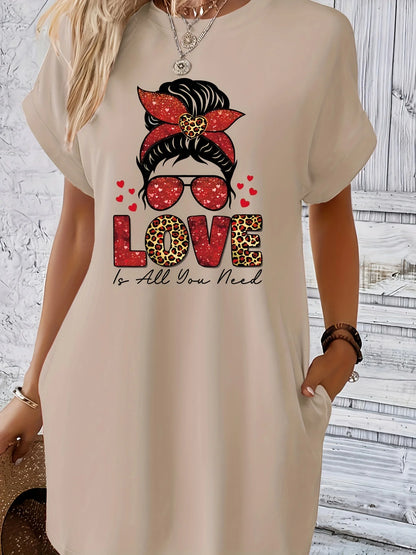 Women'S Casual Knit TShirt Dress with Letter Print Crew Neck Short