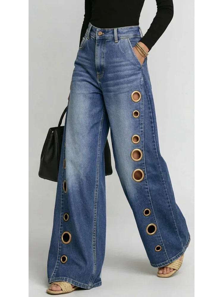 Women's Washed Blue High-Waist Metal Grommet Wide