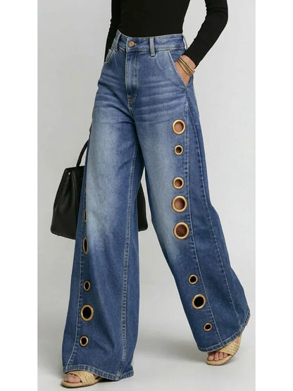 Women's Washed Blue High-Waist Metal Grommet Wide
