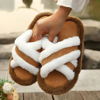Luxury Faux Fur Cross Strap Slippers Women Winter