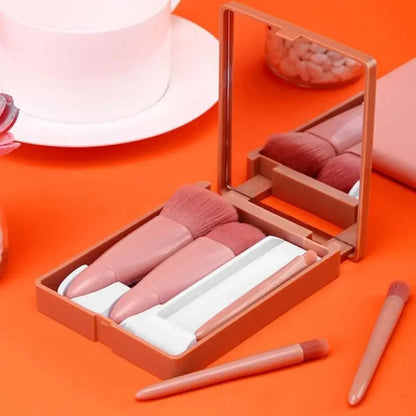 5pcs Mini Makeup Brush Set with Mirror - Multifunctional Travel