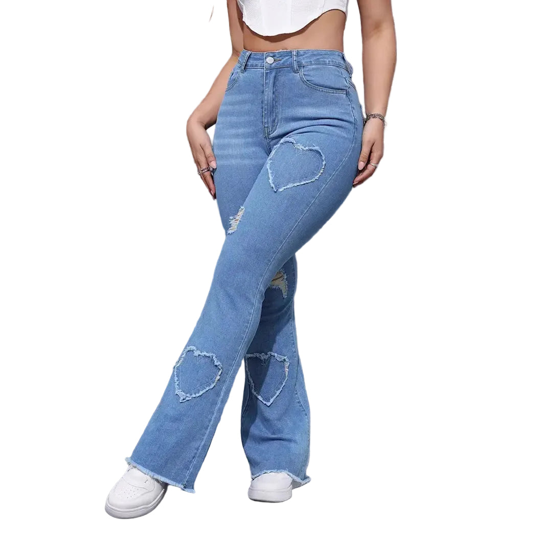 Washed Casual Heart-shaped Ripped Stretch Flared Jeans
