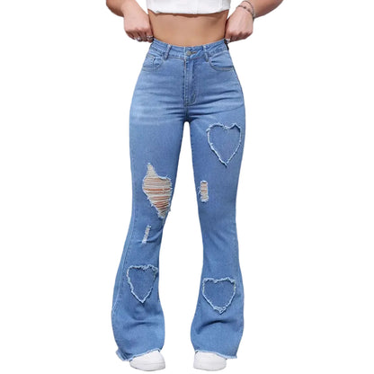 Washed Casual Heart-shaped Ripped Stretch Flared Jeans