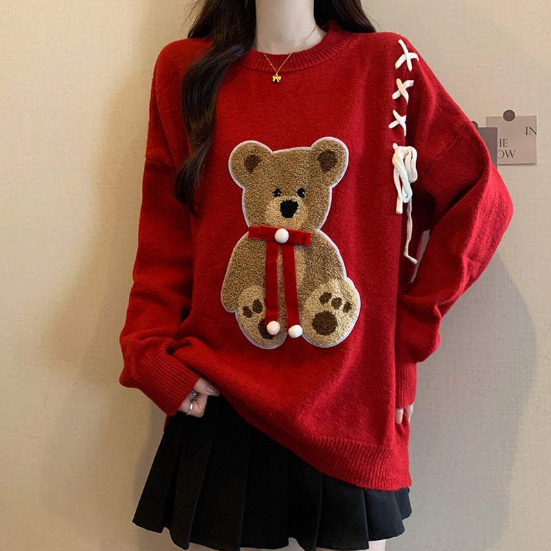 Red Fashionable Cartoon Bear Slim Fit Sweet Bow Sweater For Women