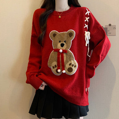 Red Fashionable Cartoon Bear Slim Fit Sweet Bow Sweater For Women