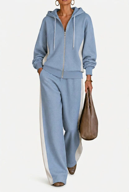 Color Block Zip-Up Hoodie & Wide-Leg Pants Set