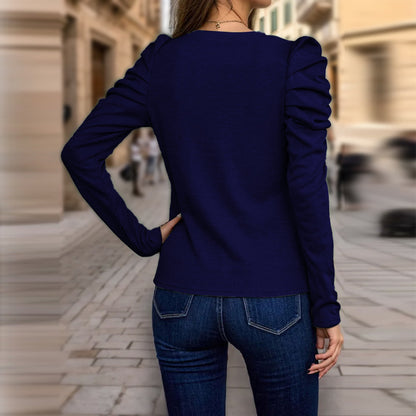 Women's Elegant Puff Sleeve Top, Ruffle Detail Long Sleeve Knit Blouse