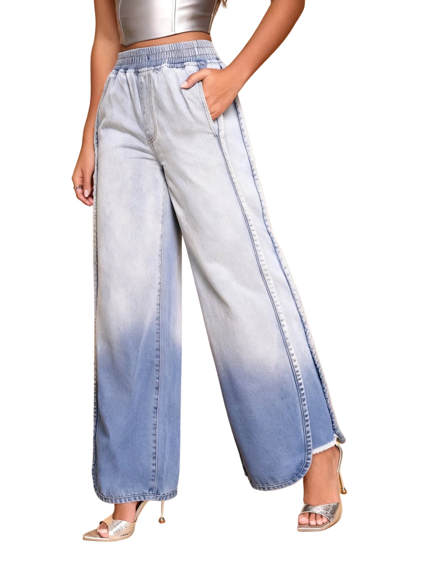 Light Blue Ombre Wide-Leg Jeans With Elastic Waist