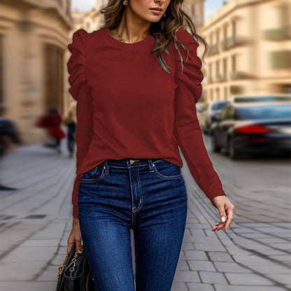 Women's Elegant Puff Sleeve Top, Ruffle Detail Long Sleeve Knit Blouse