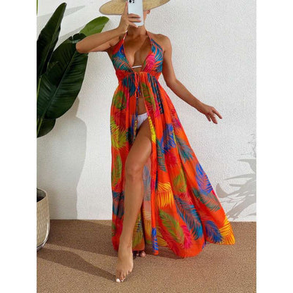 Printed Floral Split Swimsuit Cover Up Dress