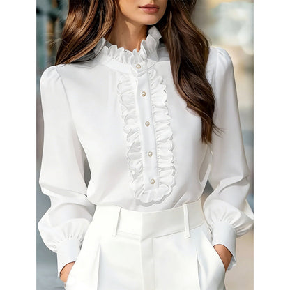 Womens Solid-Color French-Elegant Ruffle-Trimmed Shirt