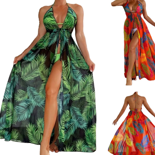 Printed Floral Split Swimsuit Cover Up Dress