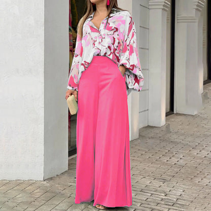 Women's Printed Shirt Wide Leg Pants Fashion Casual Set