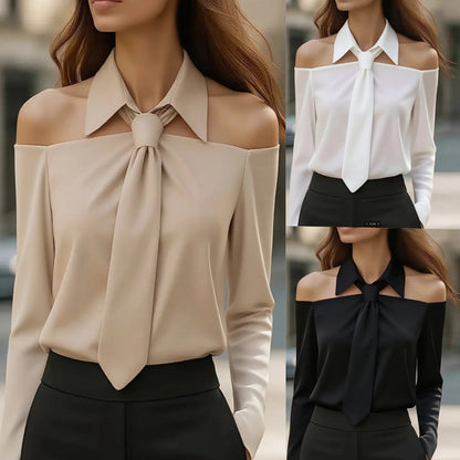 Women's Solid Color Long Sleeve Shirt With Tie And Lapel Collar,