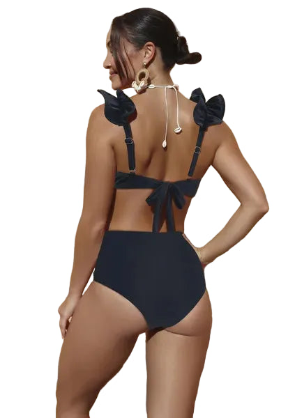 Ladies' Split Ruffle Edge Solid Color High Waist Sexy Bikini Swimsuit Looks Slim